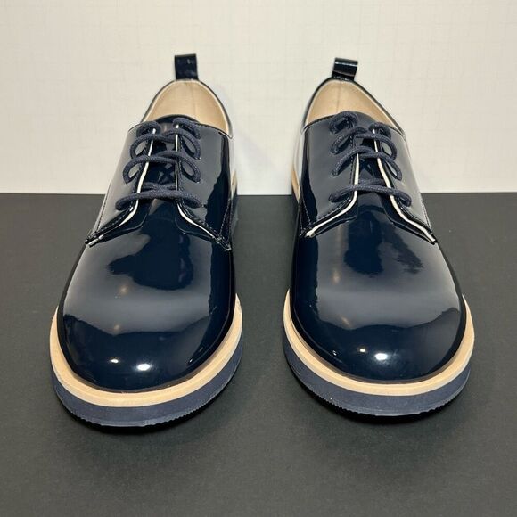 Womens ZARA Blucher Charol Navy Blue Patent Leather Lace Up Oxfords / Size 8 - Picture 2 of 9